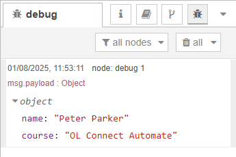 Debug panel showing the incoming data displayed as described above.