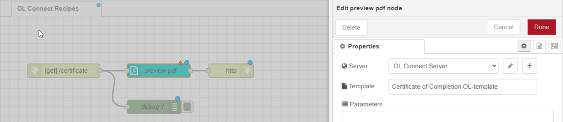 Flow showing the added preview-odf node, and configuration of the node properties with the service and template selected.