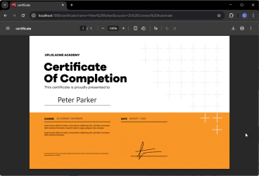 A browser window showing a preview of the PDF certificate, with the name and course data added.