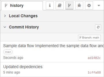The Commit History list, with the most recent commits at the top.