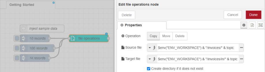 Flow and file operations node properties, showing the entered JSONata expression.