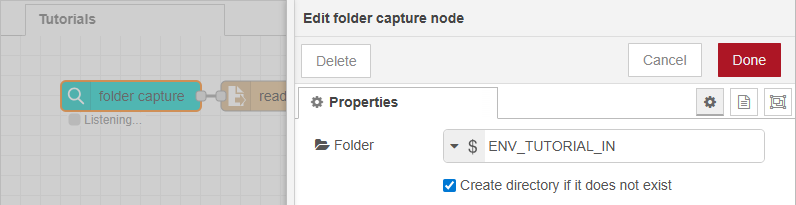 Flow showing the Properties panel for a folder capture node. For the folder path string, ENV_TUTORIAL_IN has been entered.