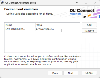 The environment variables screen, shown during installation, with a Name and Value set: ENV_WORKSPACE, C;\\wordpsace\