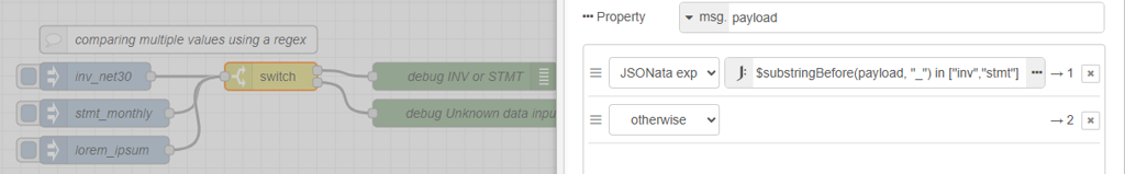 A flow with three input nodes, a switch node, and two debug (output) nodes, and the properties panel showing the entered JSONata expression condition.