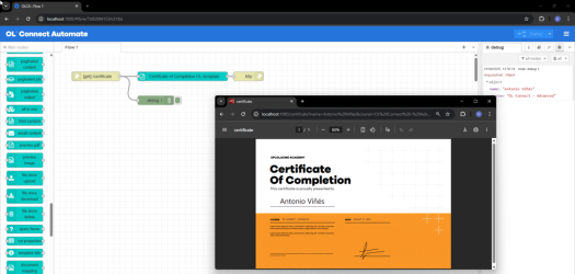 Screen showing the this flow in the workspace, and the output - a personalized PDF.