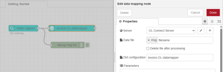 Entered properties for the data mapping node, as noted above, in the properties panel. 