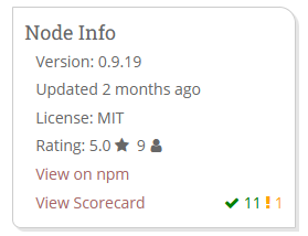 The node info of the @objectif-lune/node-red-contrib-connect package, showing verions, last update, license, rating, and links to view the scorecard and view on npm.