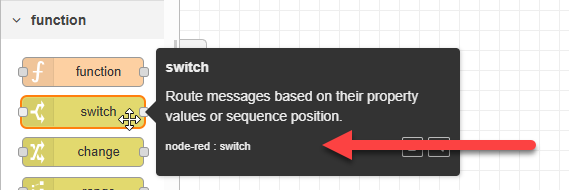 Tooltip for a node, showing that the node is from Node-RED.