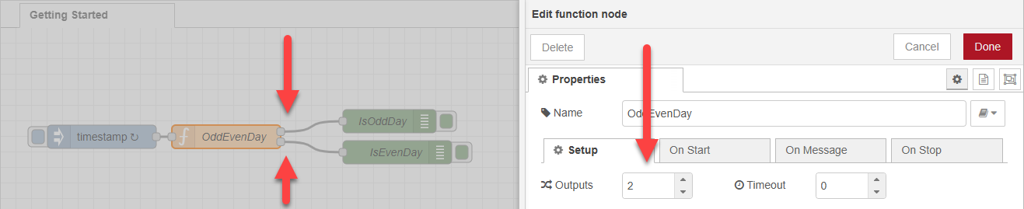 A flow with four nodes: An inout mode, a function node, and two paths from the function node to two debug nodes, one for each condition.