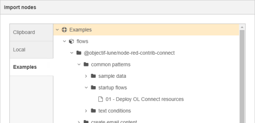 The import nodes window, with the example tab selected, and showing the hierarchy (described above) to the sample flow Deploy OL Connect Resources.