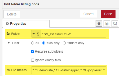 Properties panel for the folder listing node. The folder is set as described in the text above. The filter option is set to files only, and recurse subfolders is checked. Ignore empty files is not check.  File masks contains several entries in the format *.OL-template.