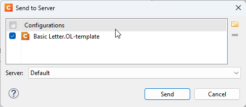 The Send to Server window in OL Connect Designer, with a template ready to send.
