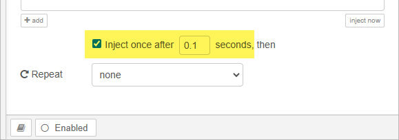 Properties panel for the inject node, showing inject once after 0.1 seconds, then repeat none.