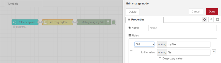 Flow described above, with properties for the change node as described above. 
