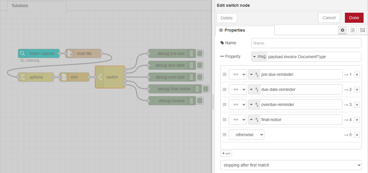 A sample flow showing the steps involved, and five debug nodes after the switch node.