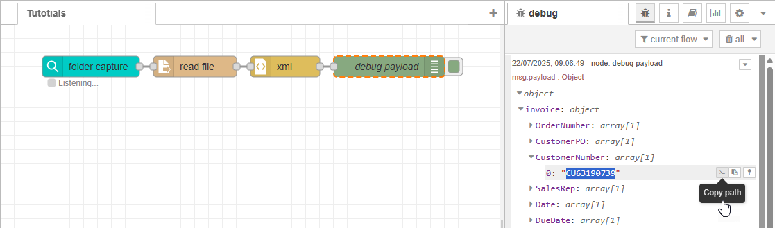 A flow showing the file capture, read file, xml, and debug nodes, and the resulting output in the debug panel. 
