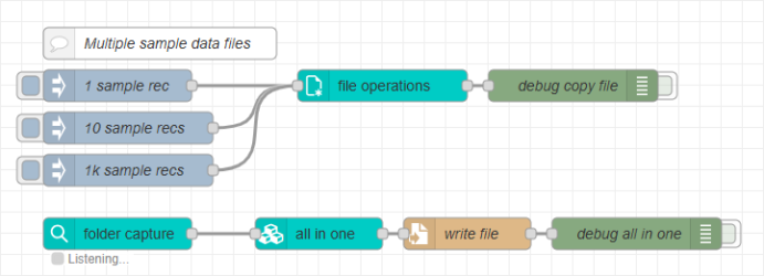 A flow using multiple sample data files as inject nodes, connecting to a file operations node and a debug node. This is above a flow that uses the folder capture, all in one, write file and debug all in one nodes.