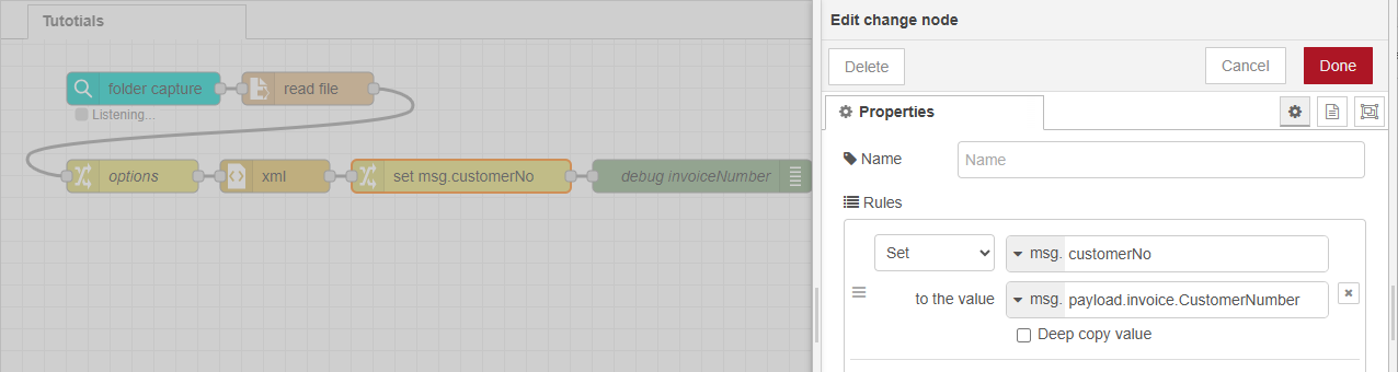 Flow using folder capture, read file, options, xml, change, and debug nodes, and showing the selected properties for the change node.