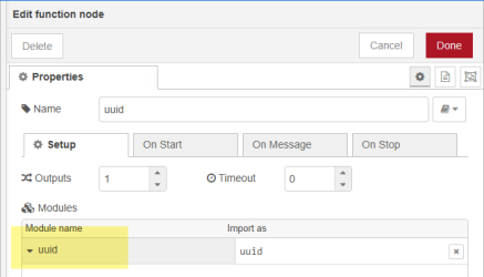 The properties panel of a function node, with Setup fields populated as described in the text above.