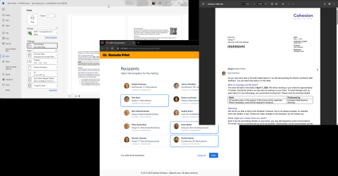Collage of screenshots showing steps to personalize a document using a flow in OL Automate, with OL Remote Print and OL Connect. Steps described in detail below.