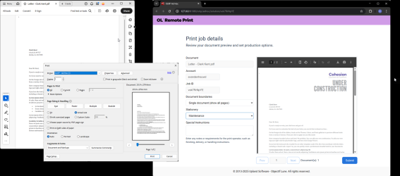 Collage of a word document with fields, a web page page with content options, and the final merged document. 