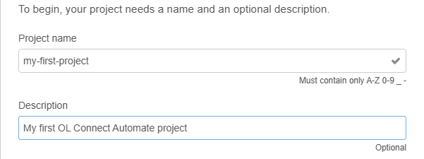 Setup window with fields to enter the project name and optional description.