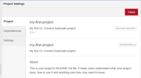 The project settings panel, with options to edit the project description and readme file. 
