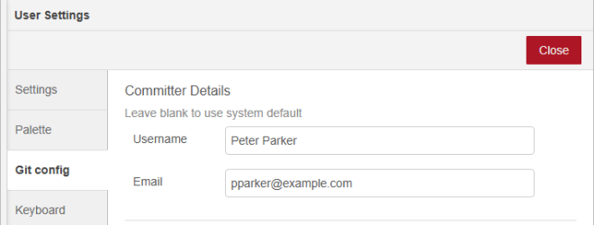 Git config tab of user settings, showing the username and email fields, which can be edited.
