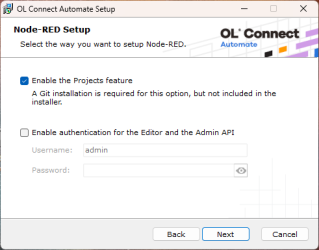Automate setup dialog window showing the option to enable projects.