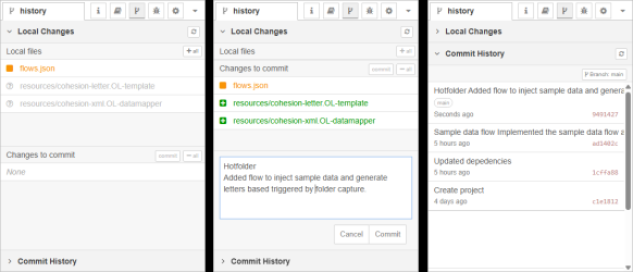A collage of three windows, showing modified local files, staged files, and the commit in Commit History.