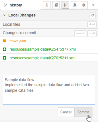The local changes list, showing a modified file and two files staged to commit, and a commit message entered.