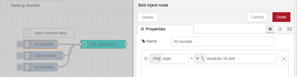 Flow and properties of an inject node, showing the file name invoices-10.xml entered for msg.topic