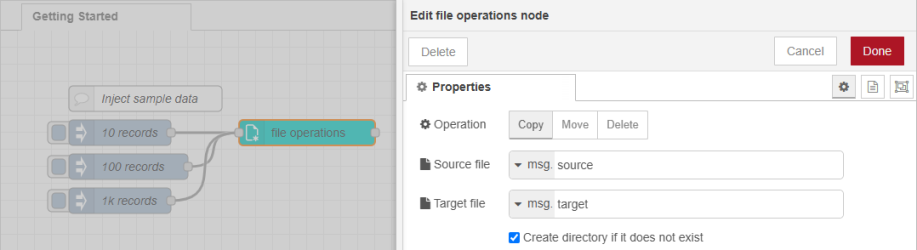 Flow and file operations properties, with source and target files labeled as per the text above.