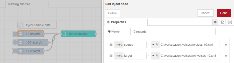Flow showing three inject nodes, named 10 records, 100 records, and 1000 records. 