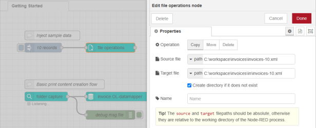 The basic flow of two nodes, and the properties of the file operations node, configured as desrcibed above. 
