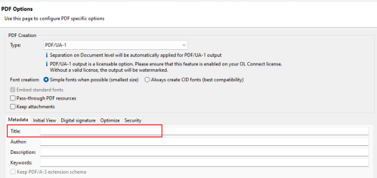 PDF options page, with PDF type PDF/UA-1 selected, and the title field highlighted.