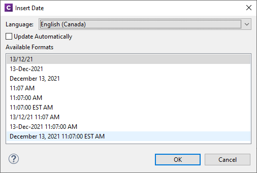 Insert date dialog