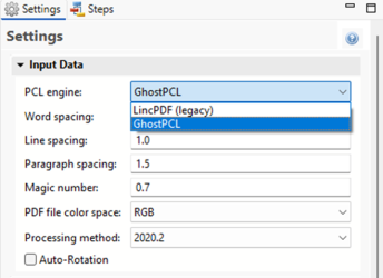 PCL input settings panel, including the option to use legacy LinkPDF instead of GhostPCL.