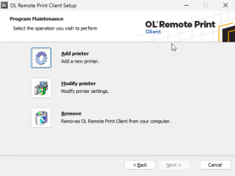 Application modification window, with options to add, modify, or remove a printer.