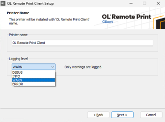 Window to enter printer name and select logging level from a drop-down list.