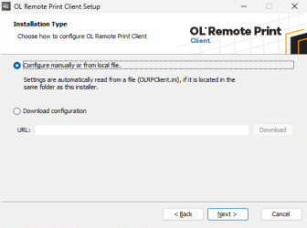 Window to select installation type and enter details for the type. 