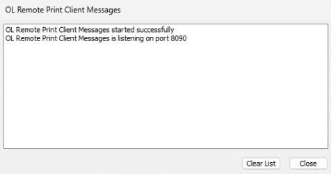 Message window from the OLRP notifier, confirming installation of the Remote Print client.