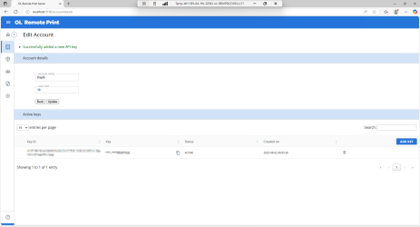 The accounts page, showing an API created for this account.