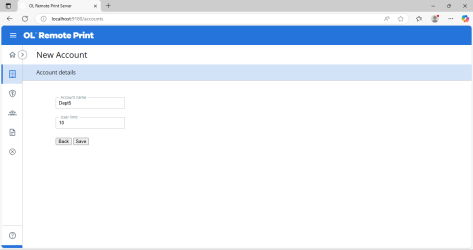 Account details entry screen, with the account name and user limit entered.