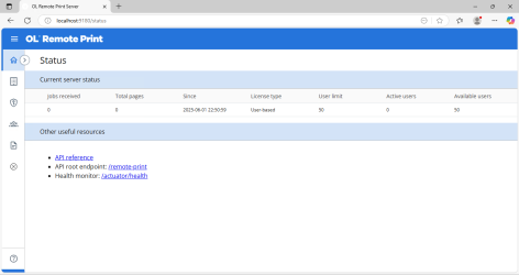 Console Status or home page, showing the server status and the left-menu navigation options that appear on all pages.  