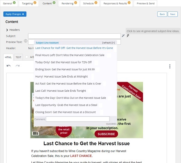 Screen capture of an email content creation page with a dropdown menu of AI generated subject lines to choose from.