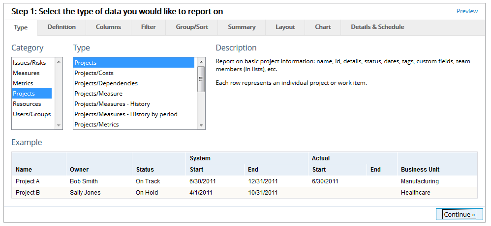 Select a Report Type and Category