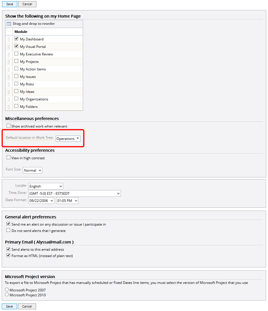 Click Default Location in Work Tree