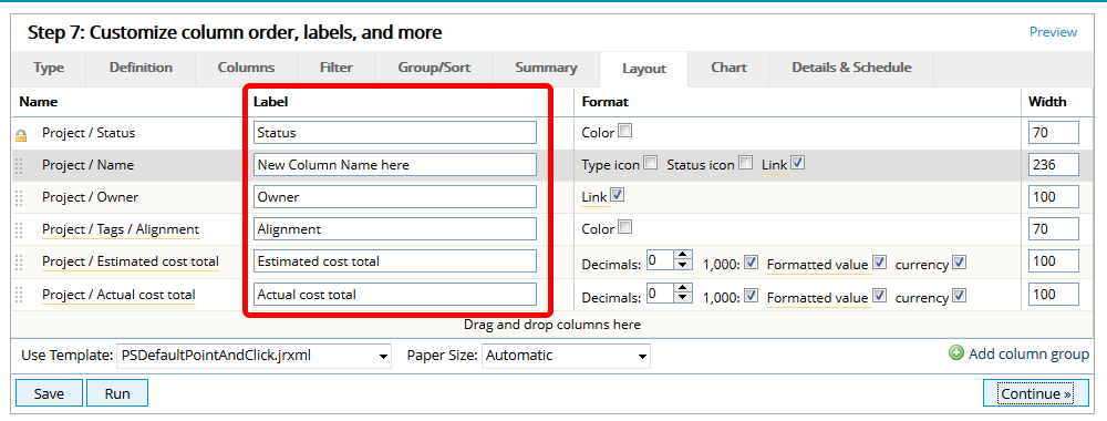 Update Column Labels