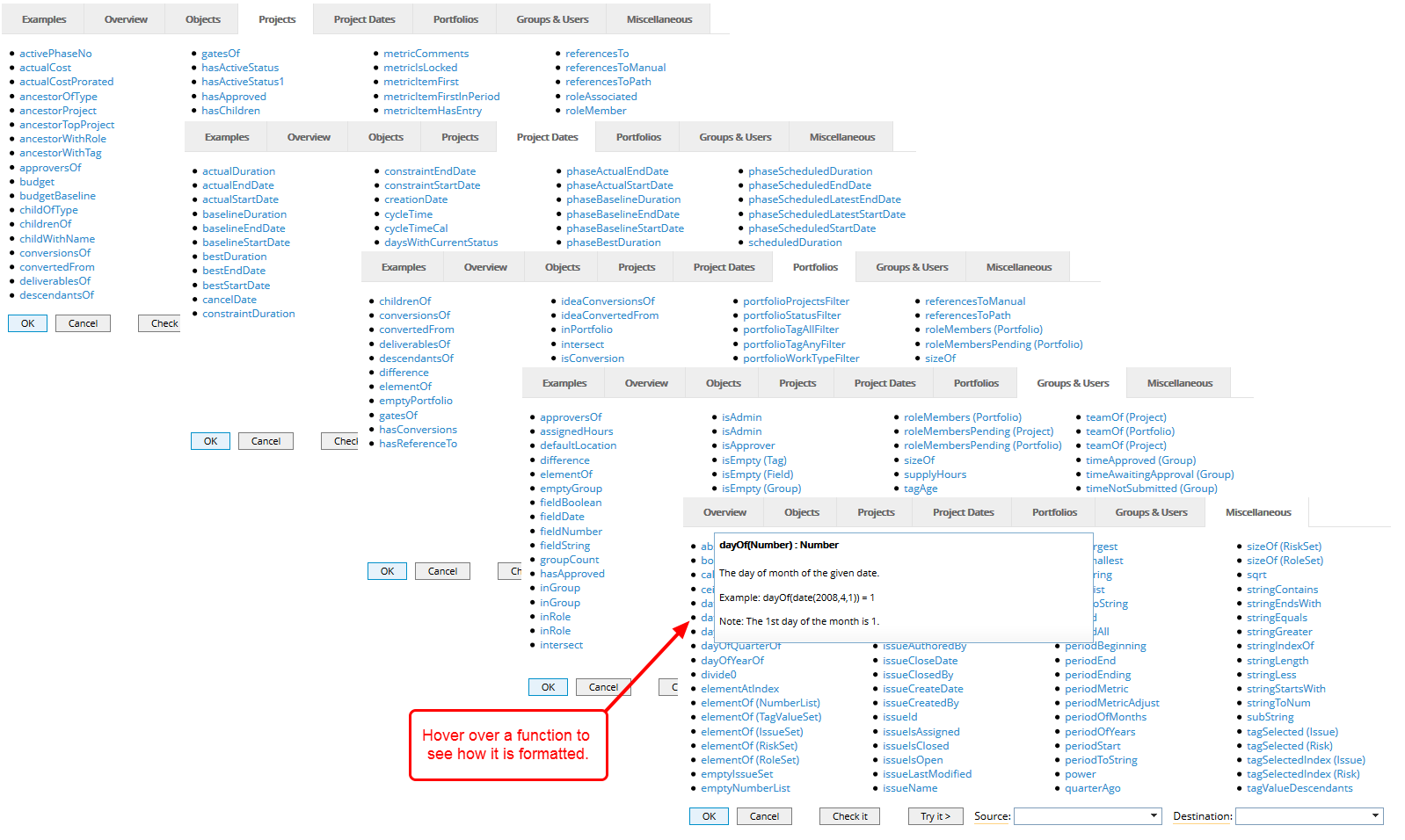 Projects, Project Dates, Portfolios, Groups & Users, and Miscellaneous Tabs